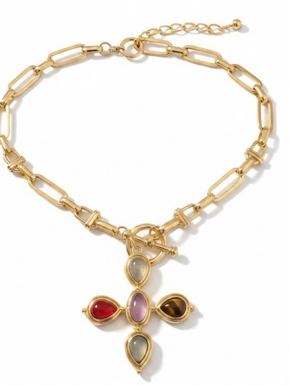 💛▪️ATTERRI ▪️ Gold Multi- Semi Precious Stone Cross Pendant 18in Necklace